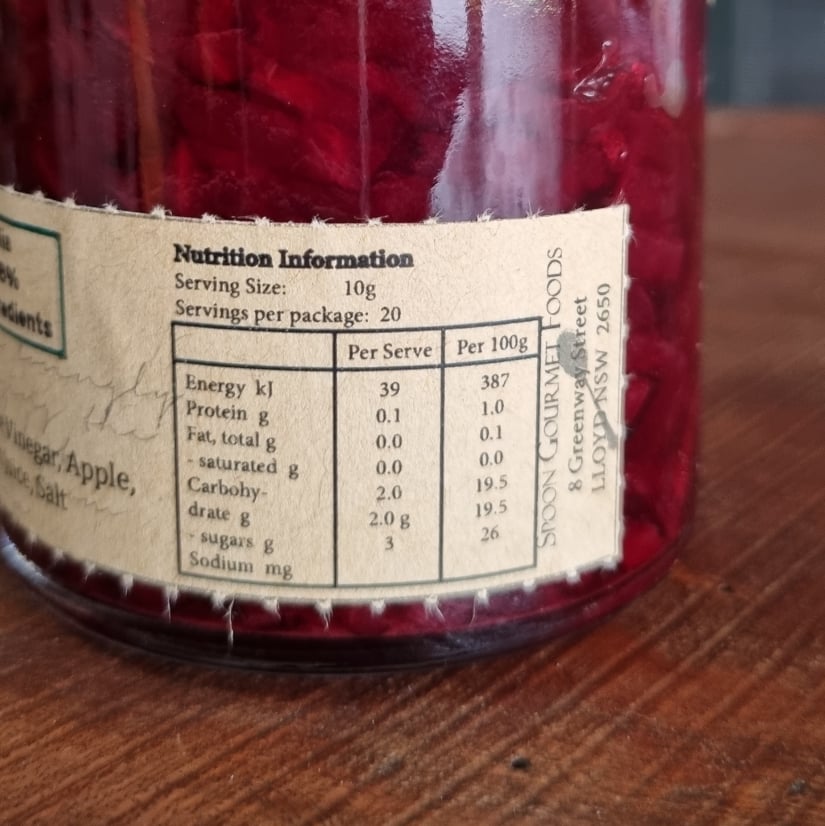 Spoon Gourmet Foods Beetroot Relish Product Nutrition Information