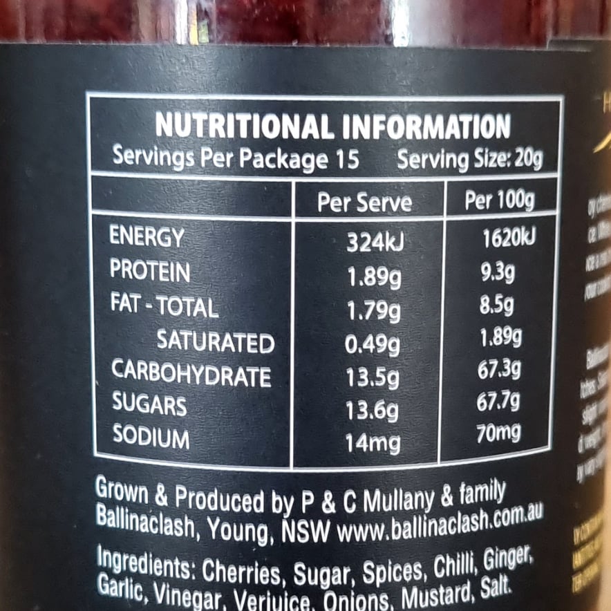 Ballinaclash Chilli Cherry Sauce Product Nutritional Information