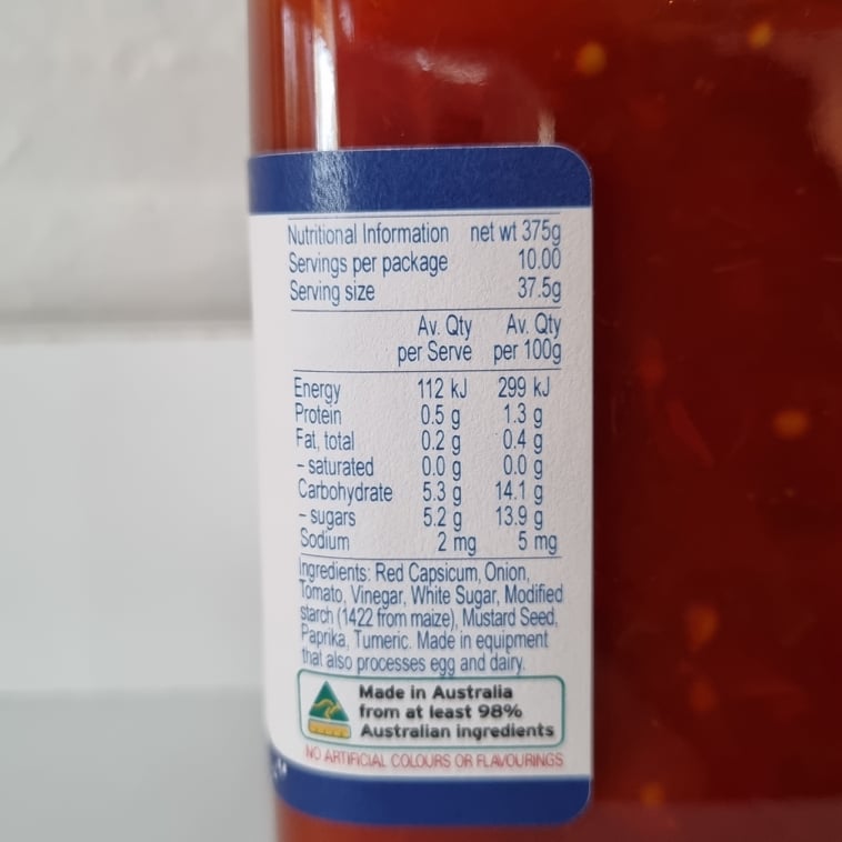 New England Larder Red Capsicum Relish Product Nutritional Information