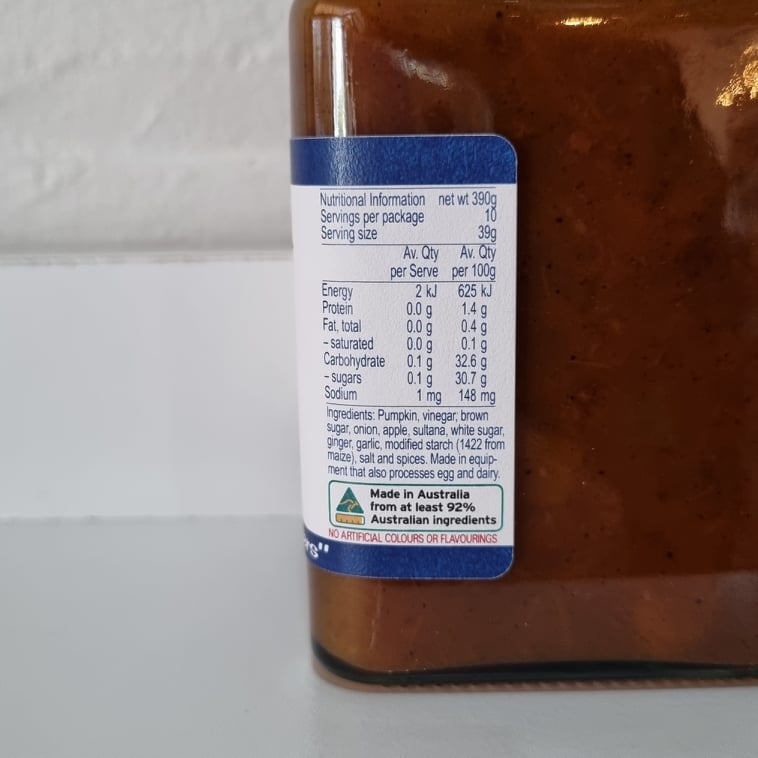 New England Larder Spiced Pumpkin Chutney Product Nutritional Information