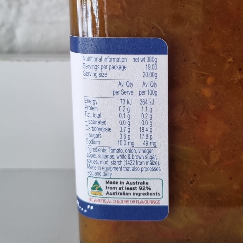 New England Larder Spicy Tomato Chutney Product Nutritional Information
