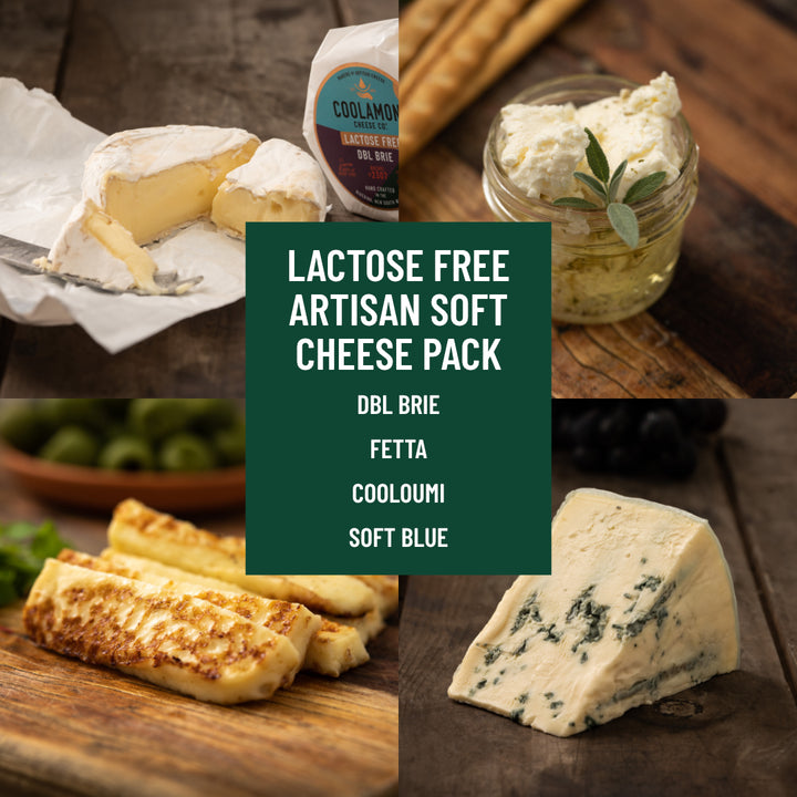 Coolamon Cheese Co., Coolamon Cheese, Artisan Handmade, Lactose-Free, Lacotse, Handcrafted Cheese, Riverina Milk, NSW Cheese, Cheap Cheese Hamper, Cheese hamper, Cheese pack, Cheeseboard, Cheese board, Gift pack, lactose free, Australian cheeses, Lactose Free artisan soft cheese pack, DBL brie, lactose free brie, lactose free feta, lactose free halloumi, lactose free soft blue, cooloumi